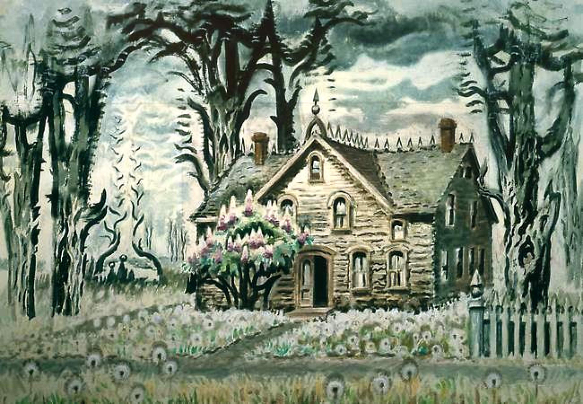 Charles Burchfield Modernist painting of a house with lilacs by the front door